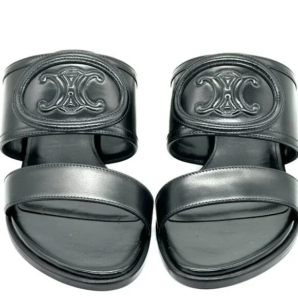 CELINE Appoline Lambskin Leather 40 Mule Slide Sandals Heels Triomphe Logo - Picture 6 of 13